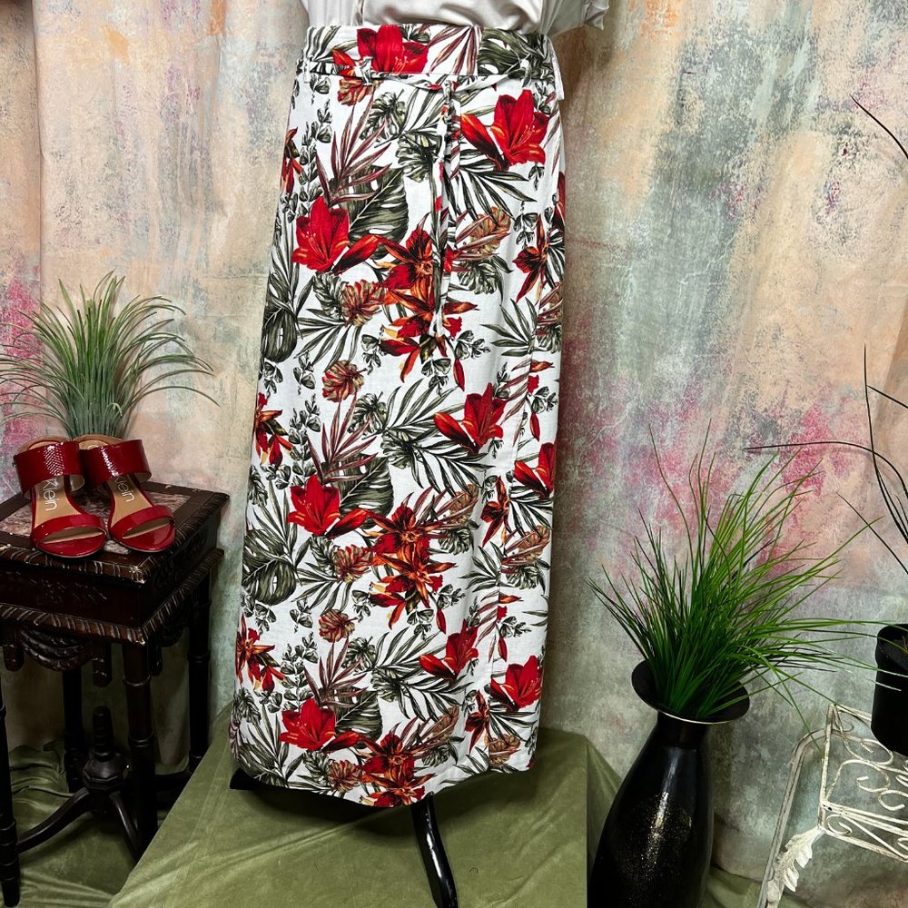 VTG 📌Michele Boyard Floral Design Wrap Optic Maxi Linen Skirt